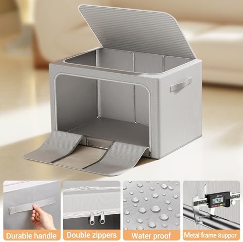 Clothes Storage Bins with Metal Frame Foldable Storage Box Clothes Organizers Storage Containers for Clothes Sheets Blankets Books Toys Gifts and Holiday Decorations (100Lx3 Pack) - Image 5