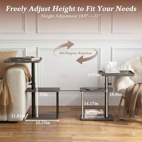 Faesun C Table End Table Adjustable Height, 360°Swivel TV Tray Table for Small Spaces, Small Nightstand for Living Room, Bedroom, Gray - Image 6