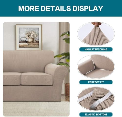 Turquoize 4 Piece Sofa Covers for 3 Cushion Couch Sofa Slipcover Soft Couch Cover for Dogs Washable Furniture Cover with 3 Individual Large Cushion Covers Feature Fabric (Large Sofa, Sand) - Image 4