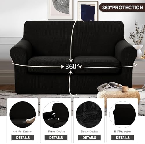 U-NICE HOME 3 Pieces Stretch Loveseat Couch Cover, Black - Image 4