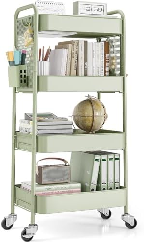 TOOLF 4 Tier Rolling Cart, Metal Utility Storage Cart with Pegboard, Green | 2 Bins & 4 Hooks, Screwless Assembly, Lockable Wheels, Trolley Organizer for Bathroom, Kitchen, Office, Dorm, Craft Room by TOOLF