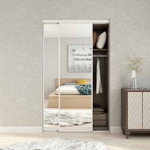 JUBEST Mirrored Closet Door 48 x 80, One Side Mirror Door with Top & Bottom Track Kits, Full Length White Steel Frame Sliding Mirror Closet Door, Easy to Install by JUBEST