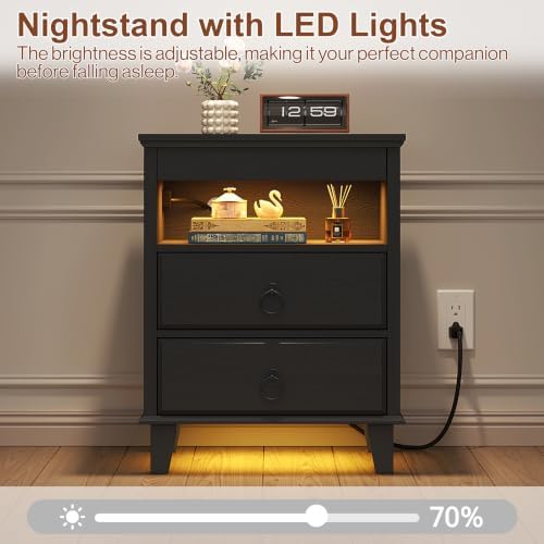 Yusong LED Night Stand with Gun Drawer, Bedside Table with Charging Station, Sofa Couch End Side Table with with 2 Drawers ＆Open Shelf for Bedroom, Black - Image 7