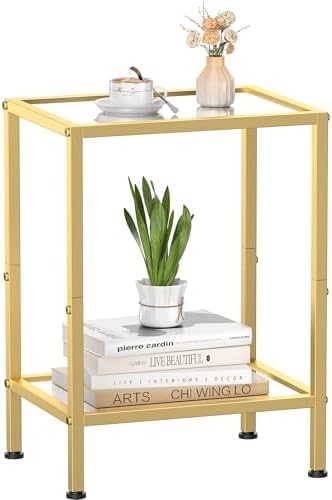 Glass Side Table, Tempered Glass End Table, 2-Tier Nightstands with Open Shelves, Small Coffee Table with Modern Style, Accent Table Small Table Sofa Table for Living Room, Bedroom,Gold by HOME