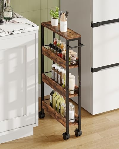 CHOEZON 4-Tier Slim Storage Cart, 5.1'' Kitchen Serving Trolley, Slim Rolling Cart with Handle and Guard Rails, Slim Cabinet for Small Spaces, for Dining Room, Rustic Brown and Black TTC01BF by Choezon
