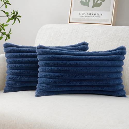 MIULEE Faux Fur Lumbar Throw Pillow Covers 12x20 Set of 2 Navy Blue by MIULEE