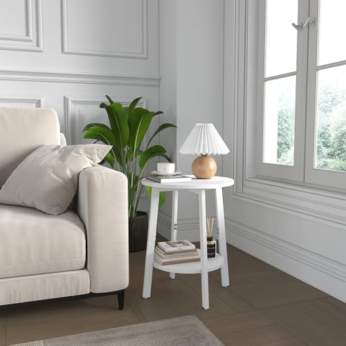 sthmec Side Table, Small Round End Table with Storage Shelf for Small Space, 2-Tier Bedside Table Sofa Couch Table, Round Accent Table Nighstands for Living Room, Bedroom,White - Image 4