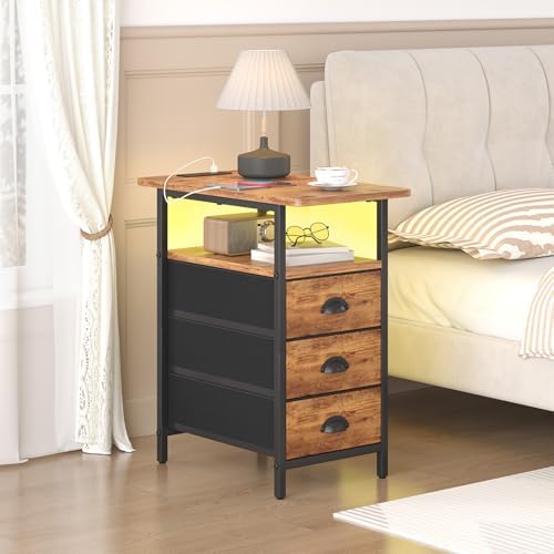 sthmec End Table with Charging Station,LED Side Tables with USB Ports and Outlets,Narrow Nightstands Bedside Tables with 3 Fabric Drawers for Small Space,Slim Sofa Table for Livingroom, Rustic Brown - Image 7