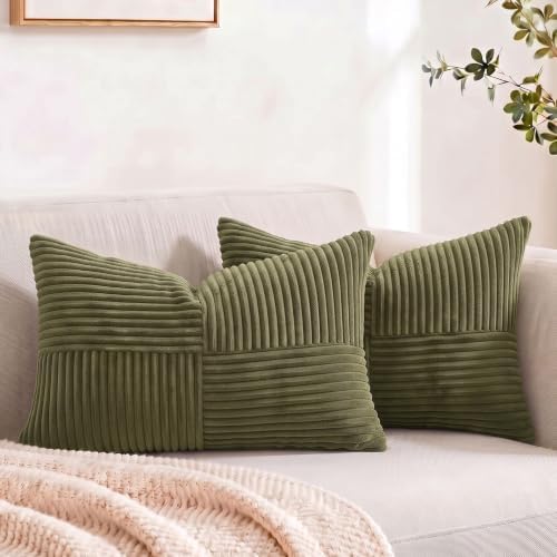 Fancy Homi 2 Packs Olive Green Lumbar Decorative Throw Pillow Covers 16x26 Inch for Living Room Couch Bed, Farmhouse Boho Home Decor, Soft Striped Corduroy Rectangle Accent Cushion Case 65x40 cm by Fancy+Homi