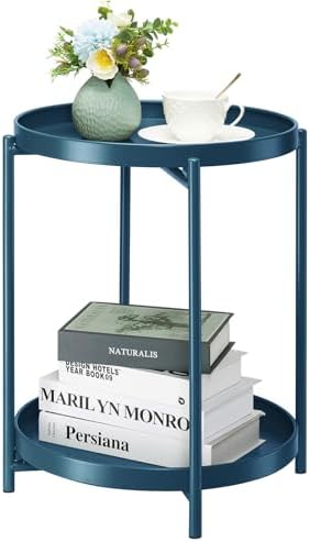 danpinera 2-Tier End Table, Outdoor Side Table Metal Round Side Table with Removable Tray, Small Accent Table, Anti-Rust Nightstand for Bedroom Balcony Patio Living Room (Navy Blue) by danpinera