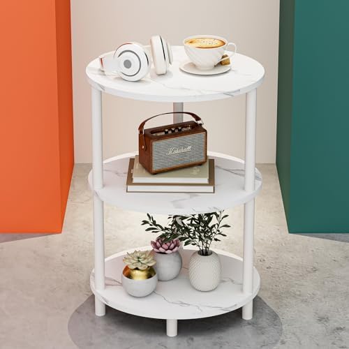 Round Pedestal End Table - 3-Tier Oval Accent Table for Small Spaces, Rustic Wood and Metal Couch Side Table, Nightstand for Bedroom or End Table Living Room, Easy to Assemble, Marble White by RISWER