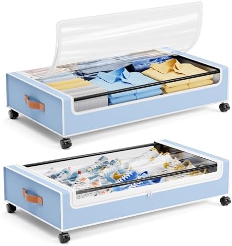 Yecaye Under Bed Storage with Wheels, 2 Pack Under Bed Storage Containers, 60L Underbed Shoe Storage with Clear Window & Label, Rolling Under Bed Metal Drawer for Clothes, Shoes, Books, Blankets, Blue by Yecaye