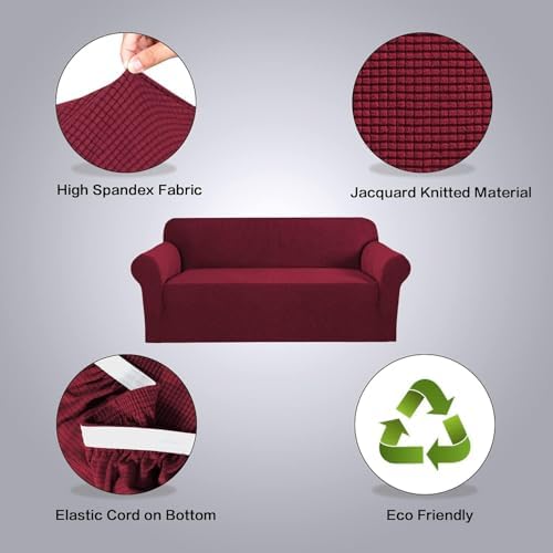 H.VERSAILTEX Stretch Couch Covers for Sofa 1 Piece Slipcovers for Couches 3 Seater Couch Cover Feature Thick Checked Jacquard Fabric with Elastic Bottom(Large Sofa 90"-100" Wide, Burgundy Red) - Image 4