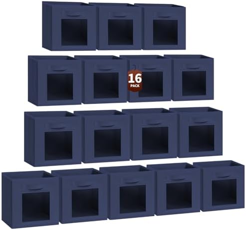 Homsorout Storage Cube 11 Inch - Cube Storage Bins with Window, Closet Storage Baskets with Handle, Fabric Bins for Closet, Shelves, Toys, Clothes, Set of 16, Navy Blue by Homsorout