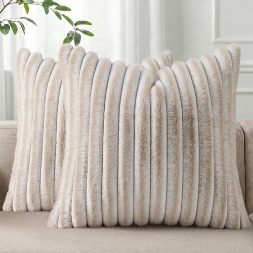 Pallene Faux Fur Decorative Throw Pillow Covers 16x16 Set of 2, Ombre Beige by PALLENE