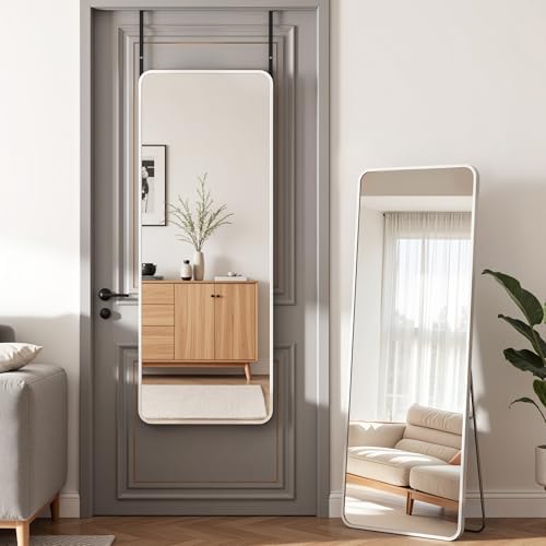 Antok Over The Door Mirror Full Length, 49'' x 14''Wall Mounted Hanging Mirror, Aluminum Alloy Frame, Shatterproof Glass, No Drill Installation for Bedroom, Closet, Bathroom, Dorm, Round Corner, White by AntokMirror
