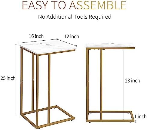 Possile C Shaped End Table Set of 2, Small Side Table for Sofa and Bed, Couch Tables That Slide Under, Snack Side Table for Living Room, Bedroom, White Faux Marble and Gold - Image 3