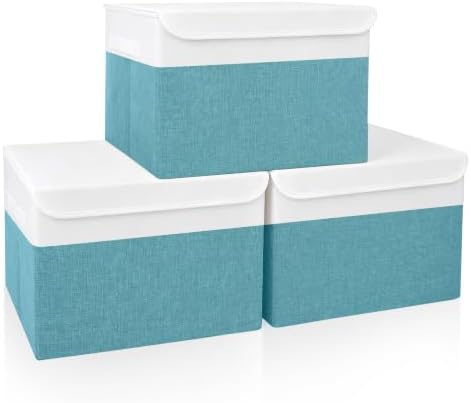 Large 17" 42 Quarts Collapsible Stackable Storage Bins with Lids [3-Pack] Foldable Fabric Linen Storage Boxes Cube, Closet Organizer Baskets with Label for Home (16.7 x 12 x 12", Teal & White) by Bagnizer
