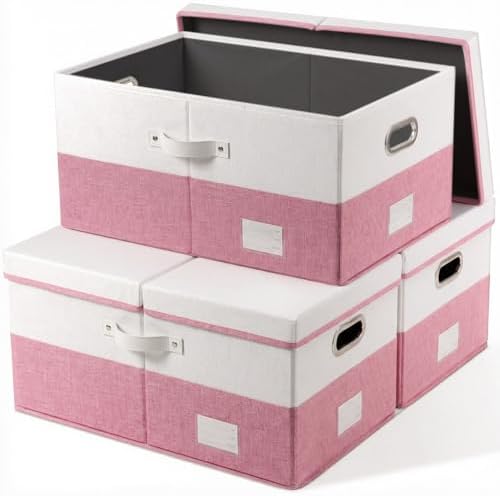 PRANDOM Storage Bins with Lids [3-Pack] Linen Fabric Foldable Storage Boxes Organizer Containers Baskets Cube with Cover for Bedroom Closet Office White&Pink (23.4X15.9X11.4) by Prandom