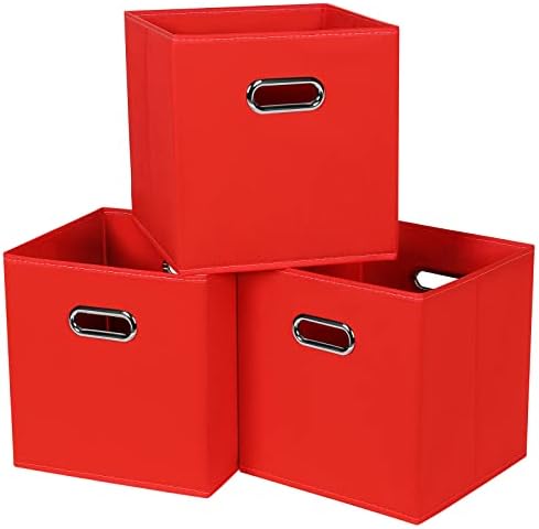Black Fabric Cubby Storage Bins,13x13x13 Inches,Cube Organizer Bin Foldable Storage Boxes with Dual Handles Fabric Organizer Box and collapsible Storage basket,Set of 3,Red by Yunkeeper