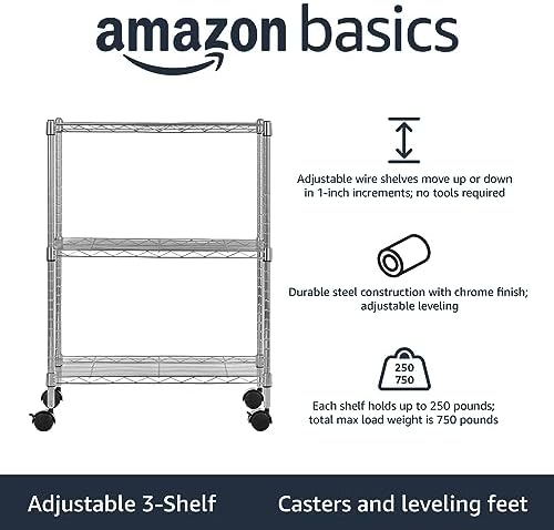 Amazon Basics 3-Shelf Heavy Duty Adjustable Wire Shelving Storage Rack on 2" PP Plastic Wheel Casters, Steel Utility Shelving Unit for Garage and Laundry Room, 23.2" x 13.4" x 32.75", Chrome - Image 3