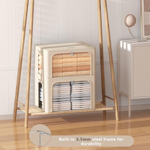 CYhom 3Pack Frame Storage Box - Clothes Storage Bin Bags Oxford Fabric Foldable Stackable Container Organizer Set with Clear Window & Carry Handles (Beige, X-Small-36L) - Image 6