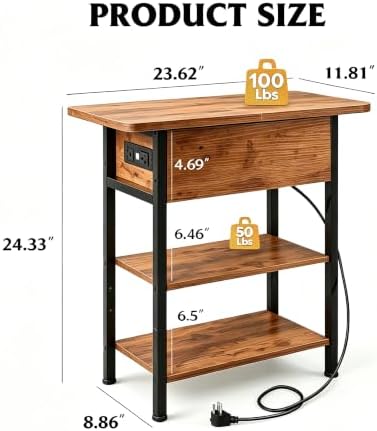 WLIVE 3-Tier End Table with Charging Station Flip Top Narrow Nightstand - Image 3