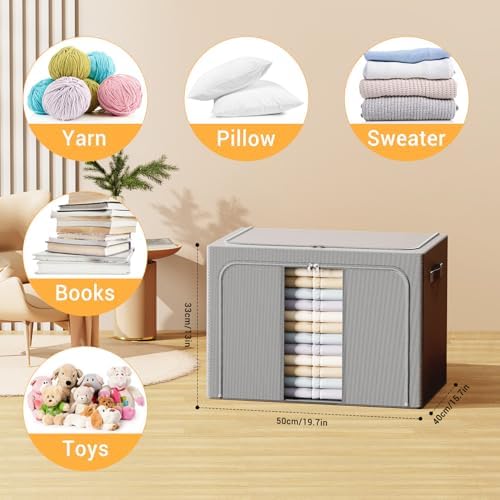 Clothes Storage Bins with Metal Frame, Foldable Clothes Organizers Storage Containers for Clothes, Sheets, Blankets, Pillows and Towels （66L, 3 Pack, Deep Grey - Image 2