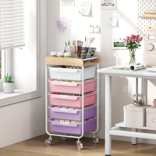 SYKIARIOL Utility Cart with 5 Labeling Drawers and Wooden Tabletop,Purple - Image 2