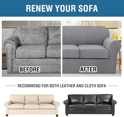 H.VERSAILTEX 4 Piece Stretch Sofa Covers for 3 Cushion Couch Covers for Living Room Furniture Slipcovers (Base Cover Plus 3 Seat Cushion Covers) Thicker Jacquard Fabric (Large Sofa, Dove) - Image 7