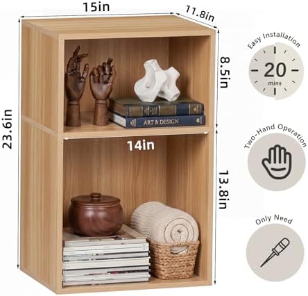 YAHARBO 2 Cube Bookshelf, Natural Record Player Stand with Vinyl Storage Up to 100 Albums, Horizontal Book Shelf, Small Cubby Bookcase with Storage Organizer, Turntable Stand for Living Room, Bedroom - Image 3