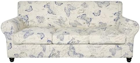 SearchI Stretch Sofa Cover Printed Couch Cover, Floral Pattern 4 Pieces Sofa Slipcover with 3 Separate Cushion Cover, Washable Furniture Protector for Living Room(Sofa, Butterfly Pattern) by SearchI