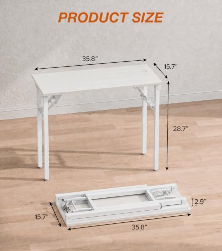 XBurmo Small Folding Desk Folding Table, No Assembly Foldable Desk Gaming Desk, 35.8-Inch Computer Table Workstation with 2 AC Outlets and 2 USB Ports for Bedroom and Home Office, White Ash - Image 2