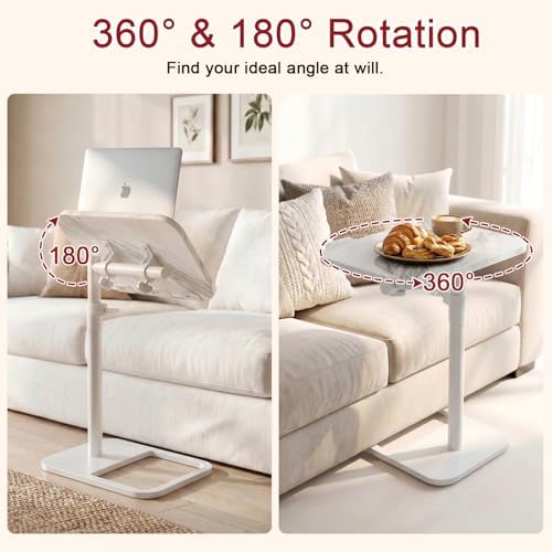 GOYLSER Adjustable Height Sofa C Table, 360° Swivel/180° Flip-Over Panel Side Table with Tablet Slots for Small Spaces, Morden TV Tray Couch Tables for Dinner Eating (White Marble) - Image 4