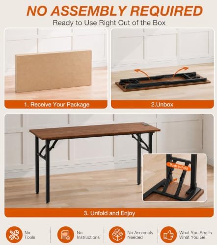 XBurmo Small Folding Desk Folding Table, No Assembly Foldable Desk Gaming Desk, 55.1-Inch Computer Table Workstation with 2 AC Outlets and 2 USB Ports for Bedroom and Home Office, Dark Walnut - Image 3