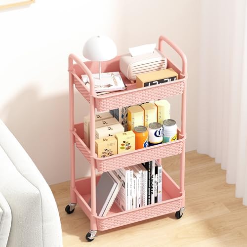 MOYIPIN 3-Tier Plastic Rolling Utility Cart with Handle,Utility,Pink - Image 3