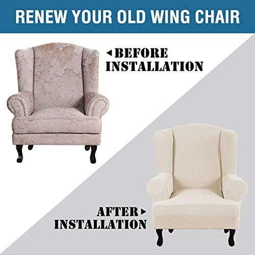 H.VERSAILTEX Wing Chair Slipcover Chair Covers for Wingback Chairs Wingback Chair Covers Slipcovers 1 Piece Stretch Sofa Cover Furniture Protector Soft Spandex Jacquard Checked Pattern, Natural - Image 4