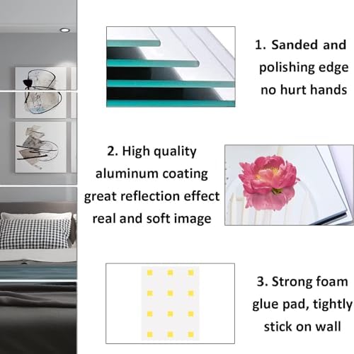 16 x 12'' x 4Pcs Glass Wall Mirror Tile Frameless Full Length Mirror - Image 3