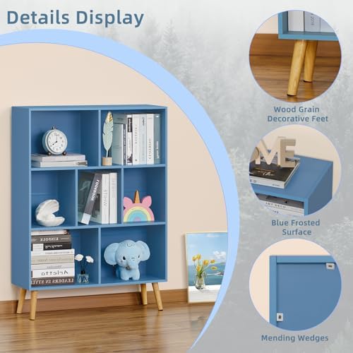 YAHARBO 7 Cube Bookshelf, Blue Kids Book Shelf with Cubby Storage,Wooden Modern Bookcase with Legs,3 Tier Freestanding Display Book Case,Children Toy Organizer,Bookshelves for Office,Nursery,Playroom - Image 6