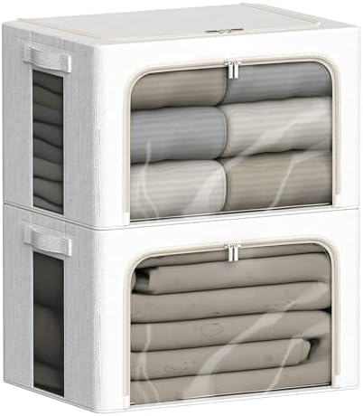 FHSQX 2 Pack Clear Window Storage Bins - Large Stackable Linen Fabric Storage for Clothes Foldable Container Organizer Set with Carrying Handles (Lvory White, 15.7x 11.8x 11.7 Inch) by FHSQX