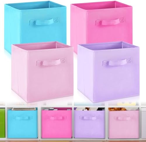 Yinder 4 Pcs Cube Storage Bin 10.5''x10.5''x11'' Storage Bins for Playroom Decor Colorful Bins for Kids Purple Foldable Baskets for Nursery Organizer Boxes Fabric Boxes(Blue, Purple, Pink, Rose Red) by Yinder