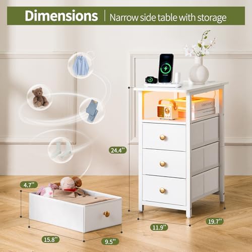 Yoobure End Table with Charging Station, LED Narrow Side Table Bedside Table, Small Night Stand End Tables Living Room, Skinny Nightstand with 3 Fabric Drawers, Side Tables Bedroom for Small Spaces - Image 2