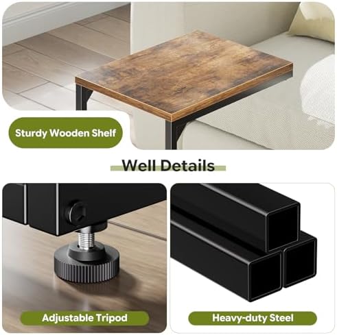 Simple Trending C Shaped End Table, TV Tray for Couch, Small Side Table with Metal Frame, for Living Room Bedroom, Rustic Brown - Image 4