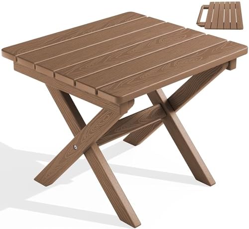 SERWALL Small Folding Side Table, HDPE Outdoor End Table, Brown by SERWALL
