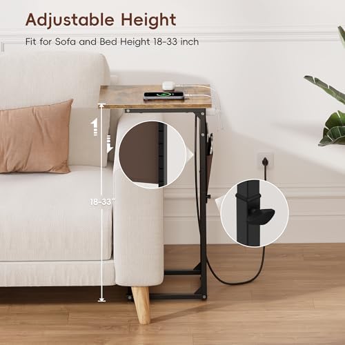 Vagusicc C Shaped End Table with Charging Station, Adjustable Height Side Table for Couch, Small Sofa Table with Storage Bag, Slide Under Sofa TV Tray Snack Arm Tables for Living Room, Bedroom, Brown - Image 4