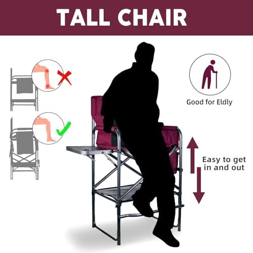 Tall Directors Chair 30" Seat Height, Bar Height Folding Chair with Side Table, Foldable Camping Chair with Side Pocket for Makeup Artist, Sports Event, Supports 400LBS - Wine Red/Black - Image 3