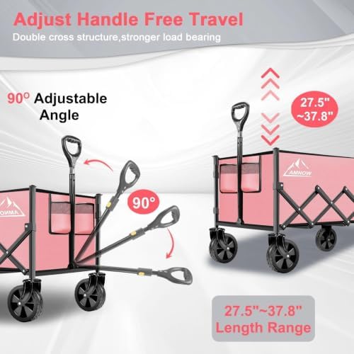AMNOW 100L Collapsible Wagon Cart with All Terrain Wheels, 350LBS, Pink - Image 4
