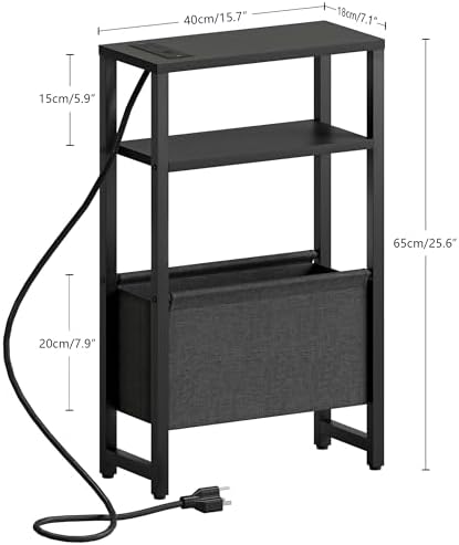 Narrow Side Table with Charging Station, Slim End Table with Magazine Rack, Bedside Table for Small Spaces, 3 Tier Sofa Couch Table Nightstand for Living Room, Bedroom, Black LET503BE - Image 3