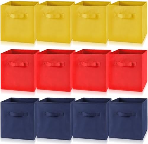 Yinder 12 Pcs Cube Storage Bin 10.5''x10.5''x11'' Storage Bins for Playroom Decor Colorful Bins for Kids Foldable Baskets for Nursery Organizer Boxes Fabric Boxes(Navy Blue, Red, Yellow) by Yinder