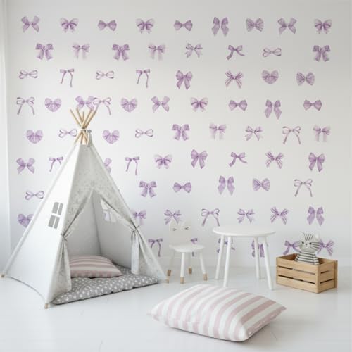 60Pcs Watercolor Bowtie Wall Stickers - Coquette Aesthetic Vinyl Decals for Room Decor in Light Pink, Sky Blue, Mint Green, Lavender Peel and Stick Nursery, Bedroom, Kindergarten Wall Art (Purple) - Image 4